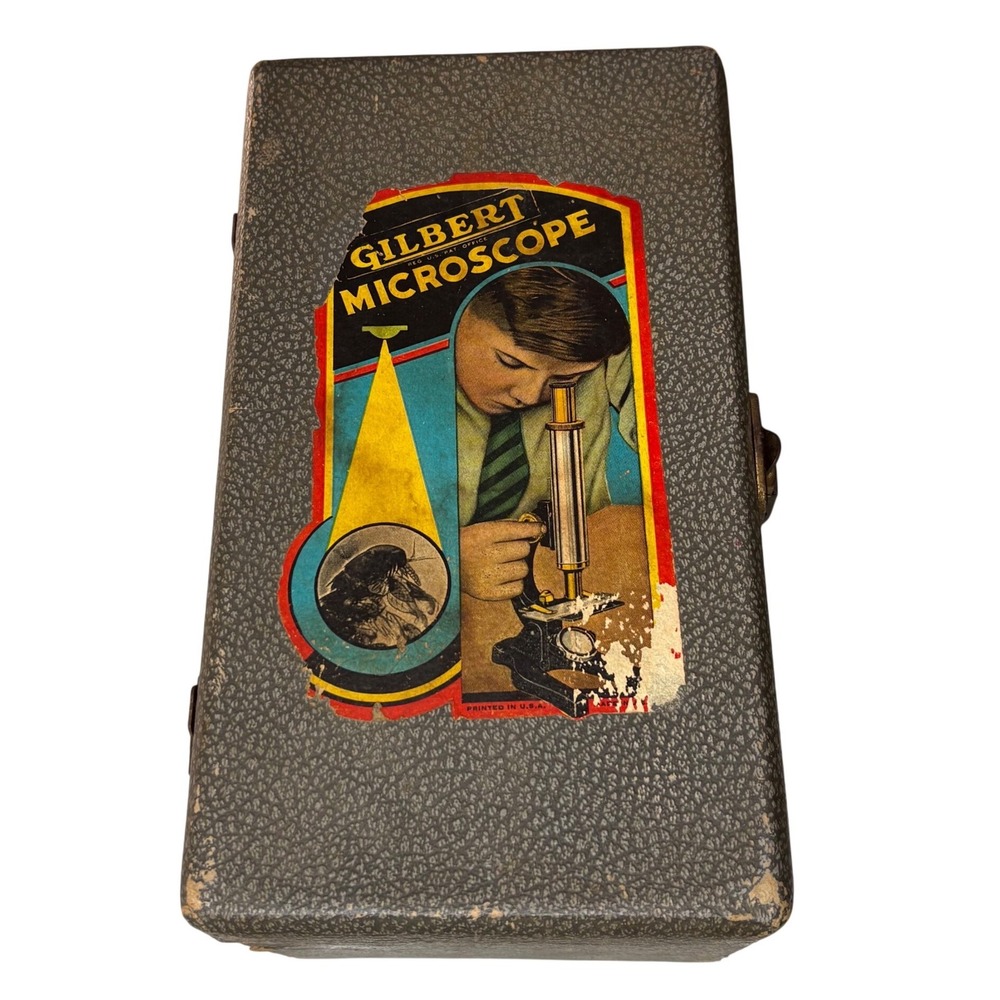 Vintage 1930s Gilbert Microscope S-16 Kit w Case Slides Tweezers Set